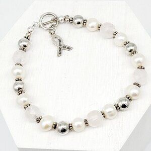 Freshwater Pearl & Faceted Quartz Beaded Bracelet Sterling Clasp & Charm 7 Inch